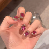 (Handmade) 10pcs/Set Purple Rhinestone Ultra Glitter Short Press-On Nails