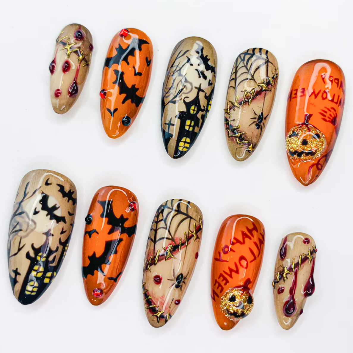 (Handmade) 10pcs/Set 3D Blood Drip and Pumpkin Halloween Press-On Nails