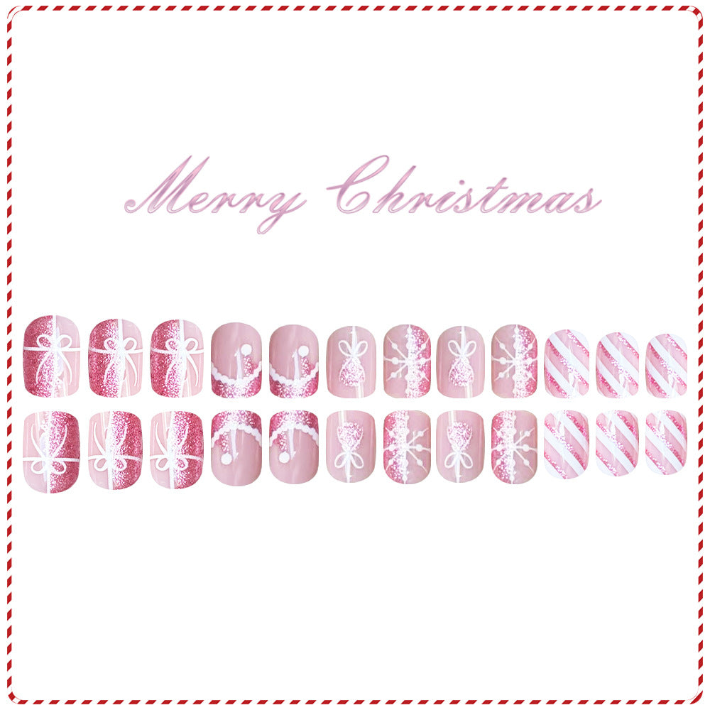 24pcs/Set Christmas Glitter Snowflake Gift Stripe Short Press On Nails
