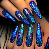 24pcs/Set Blue Plants and Flowers Press-On Nails