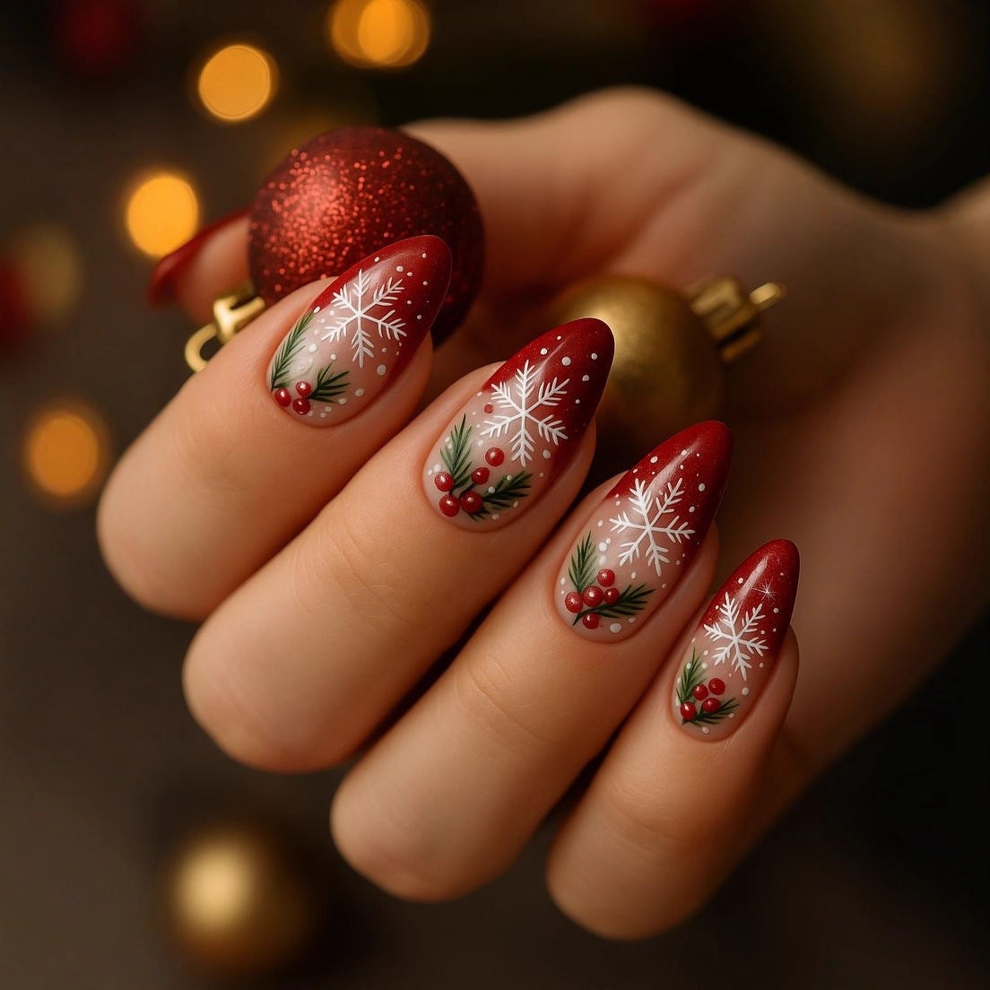 24pcs/Set Christmas Red Snowflake Press-On Nails