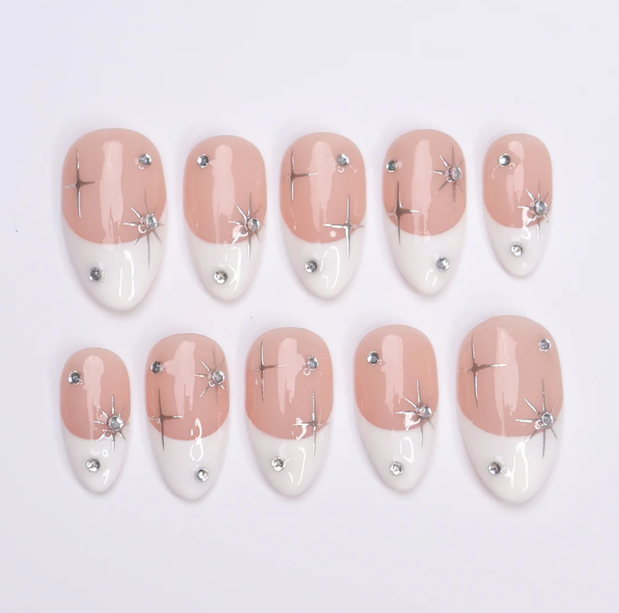 (Handmade) 10pcs/Set Shimmering Silver Stars Press on Nails