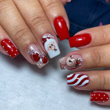 24pcs/Set Santa & Cute Reindeer Red-White Stripes Press-On Nails