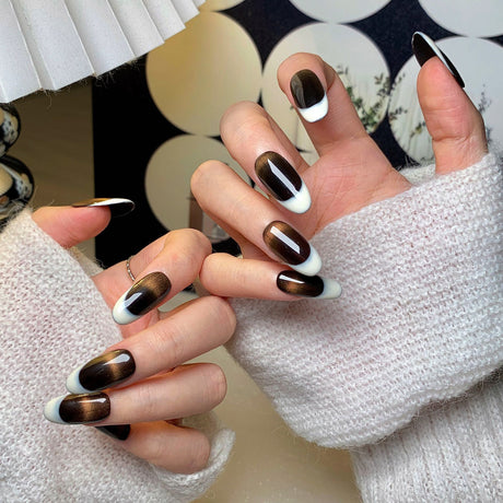 (Handmade) 10pcs/Set Black & Gold Cat Eye French Press-On Nails