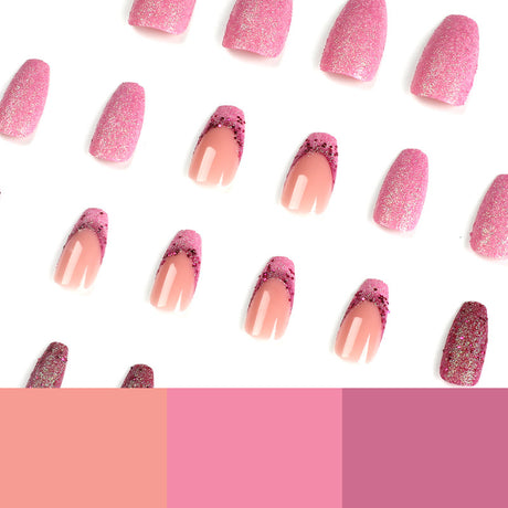 24pcs/Set Pink and Purple Glitter French Press-On Nails