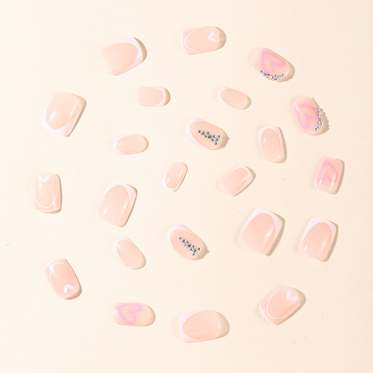 24pcs/Set Double French Pink Hearts Short Press On Nails