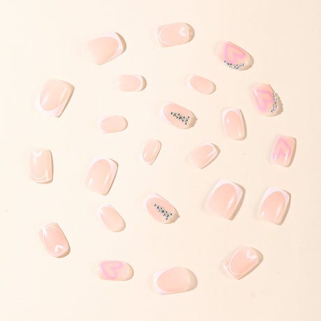 24pcs/Set Double French Pink Hearts Short Press On Nails