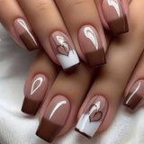 24pcs/Set Brown Plaid with Contrasting Hearts Press-On Nails