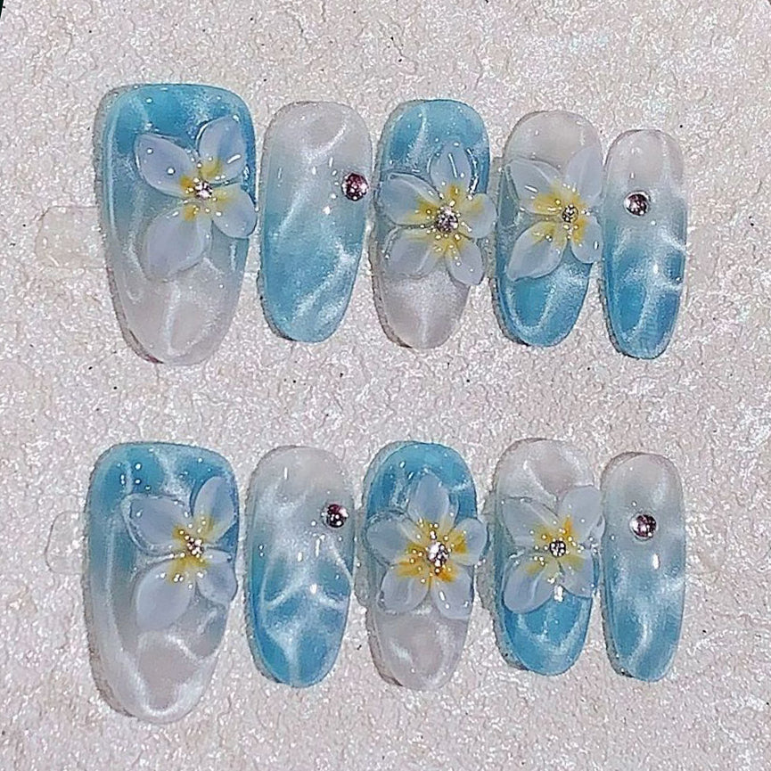 (Handmade) 10pcs/Set Blue Water Ripple Hand-Painted Carving Press-On N ...
