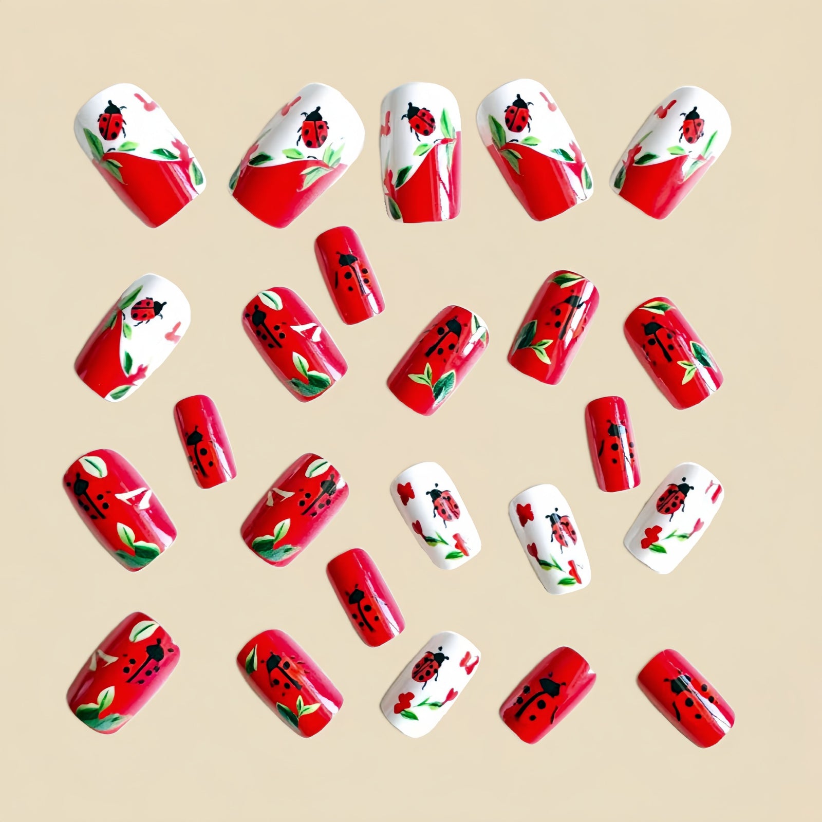 24pcs/Set Red Ladybug & Flowers Press-On Nails