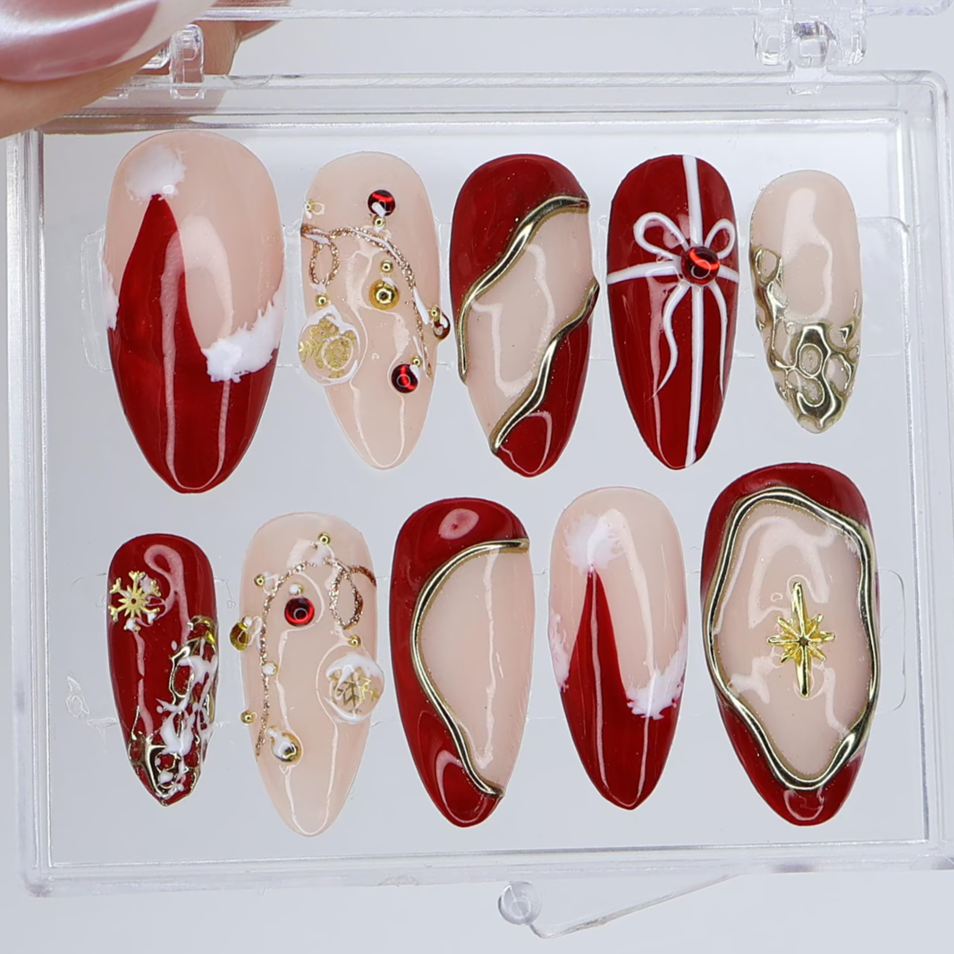 (Handmade) 10pcs/Set Christmas Red & Gold Design Press On Nails