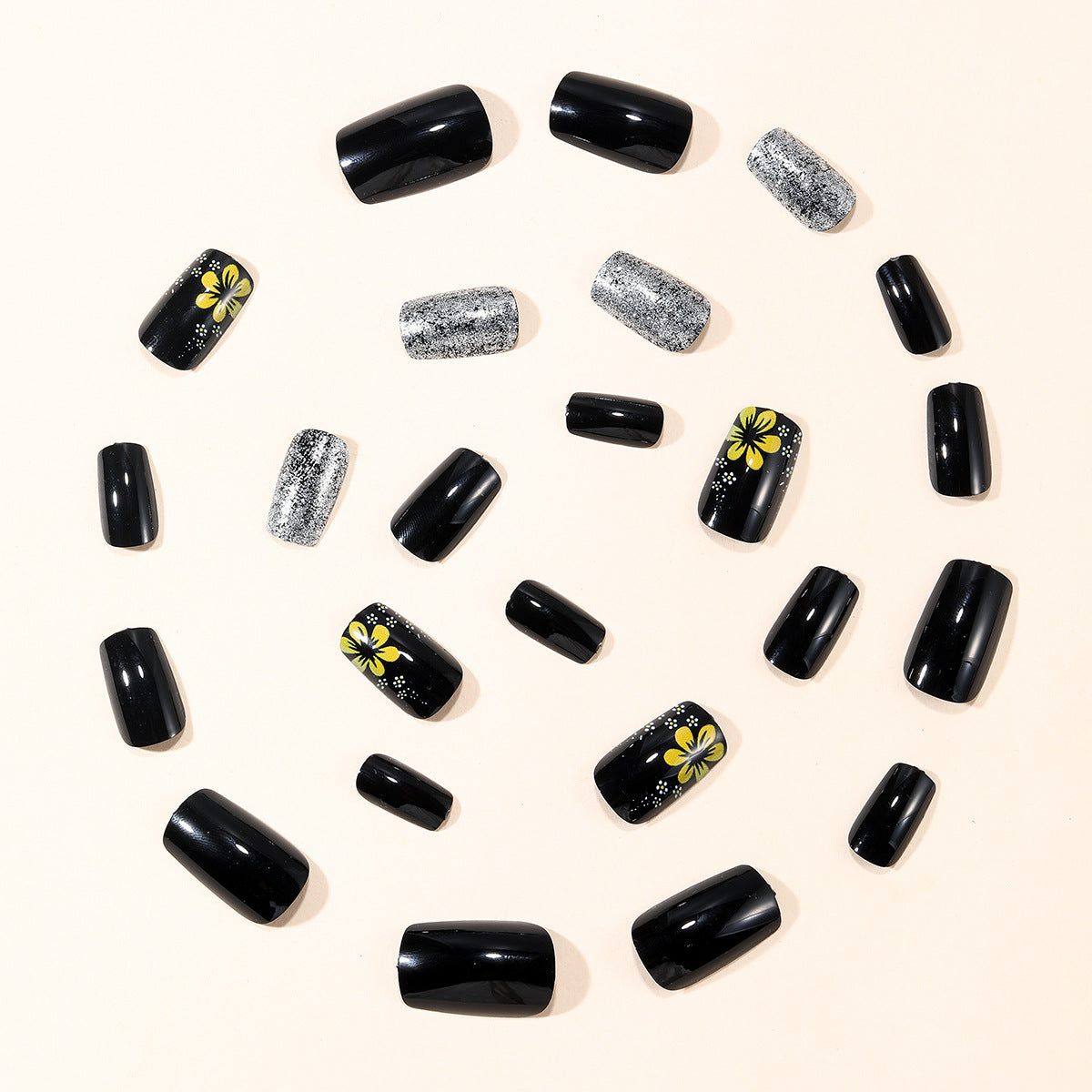 24pcs/Set Black Glitter with Small Yellow Flowers Press-On Nails