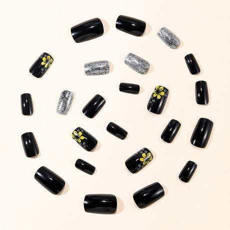 24pcs/Set Black Glitter with Small Yellow Flowers Press-On Nails