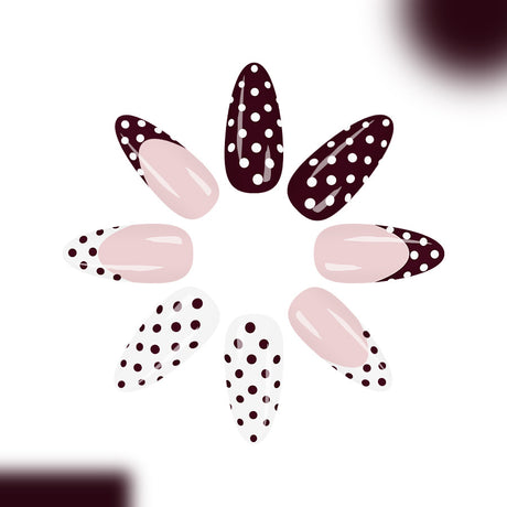 24pcs/Set Burgundy French Tips with White Polka Dots Press-On Nails
