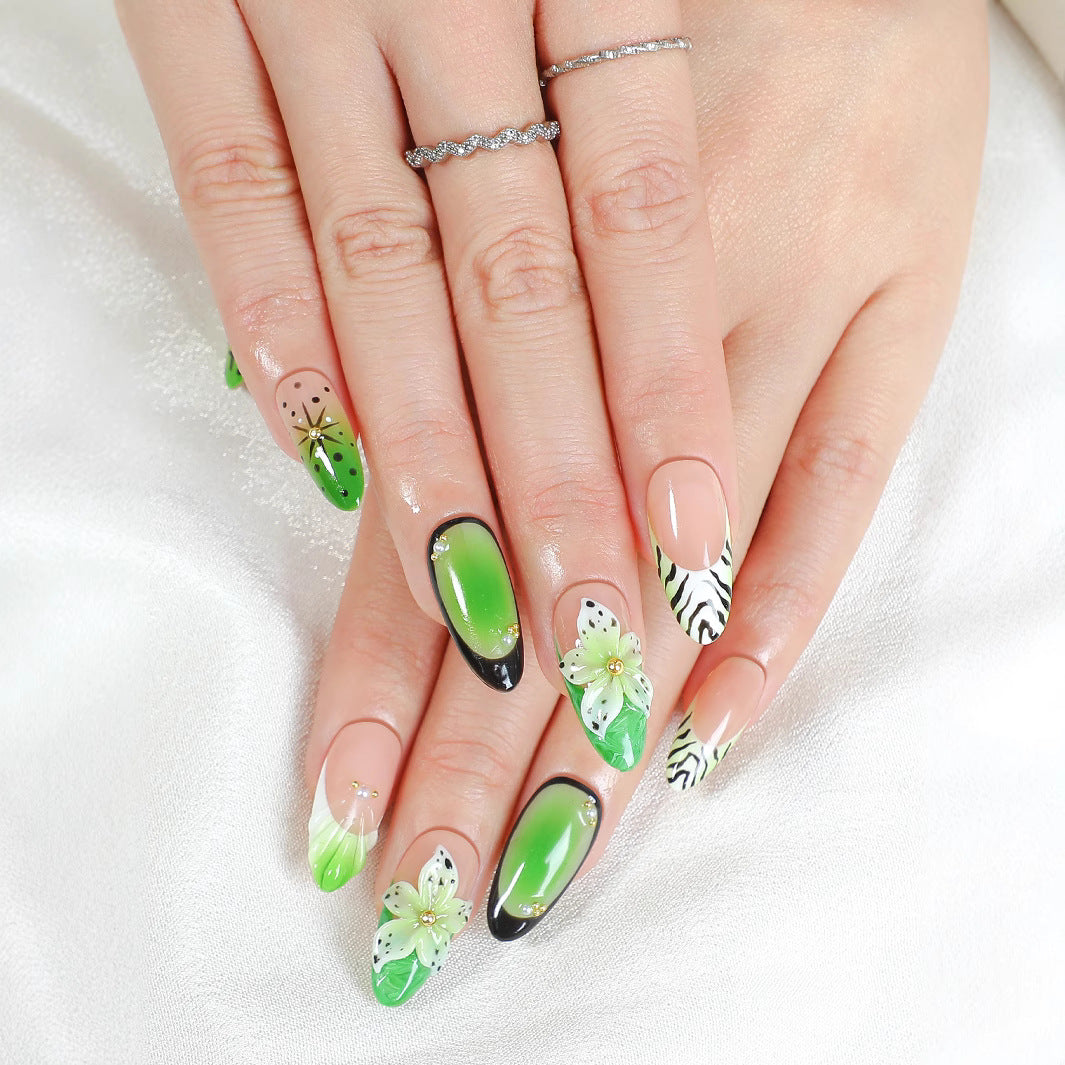 (Handmade) 10pcs/Set Zebra Print with 3D Florals Press-On Nails