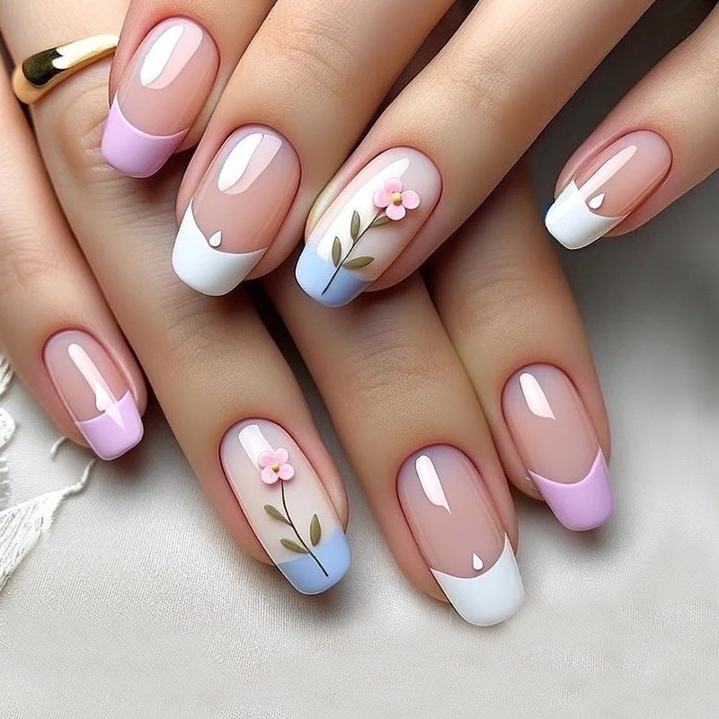 24pcs/Set Flowers French Tips Press-On Nails