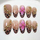 (Handmade) 10pcs/Set Leopard Print French Tips with 3D Flowers Press-On Nails