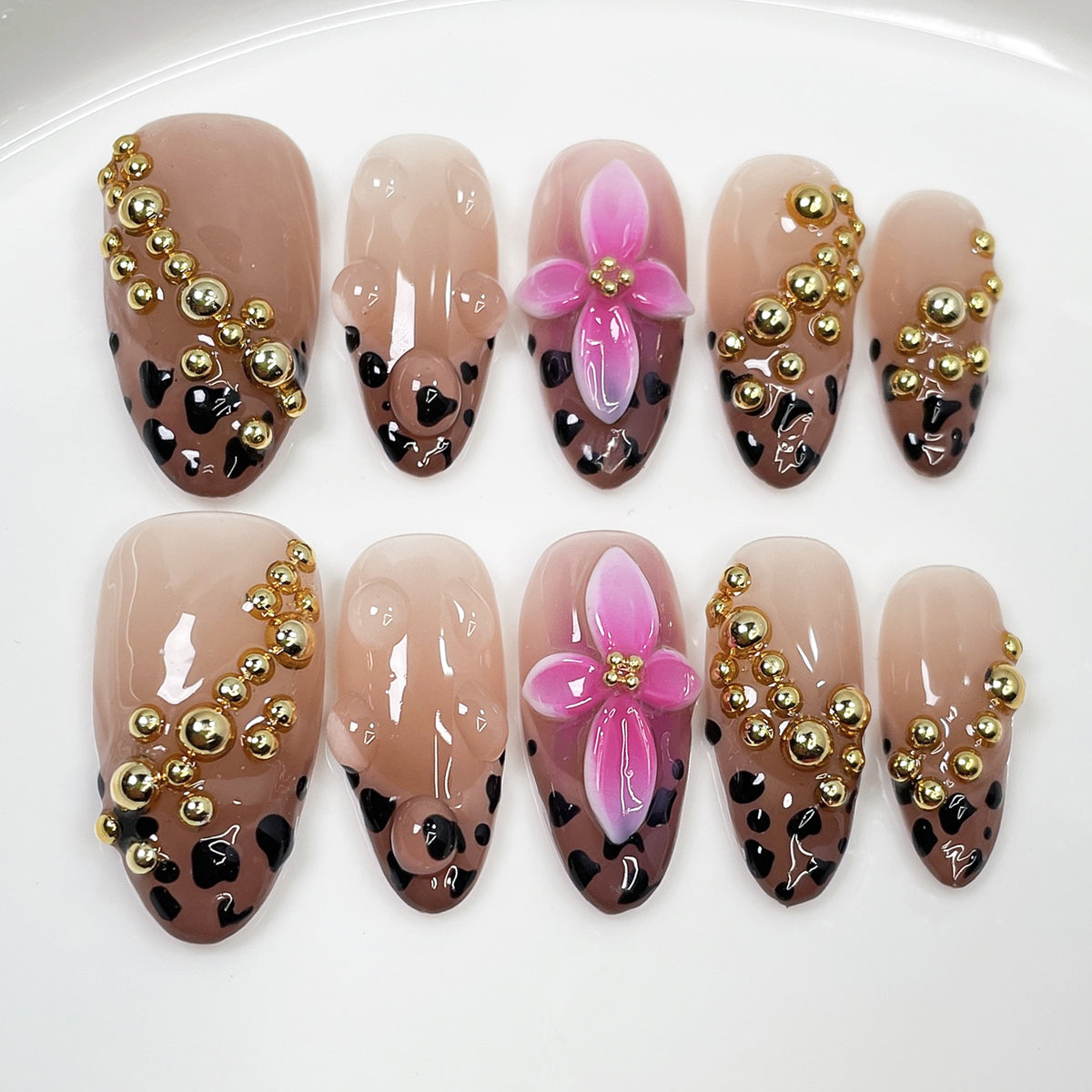 (Handmade) 10pcs/Set Leopard Print French Tips with 3D Flowers Press-On Nails