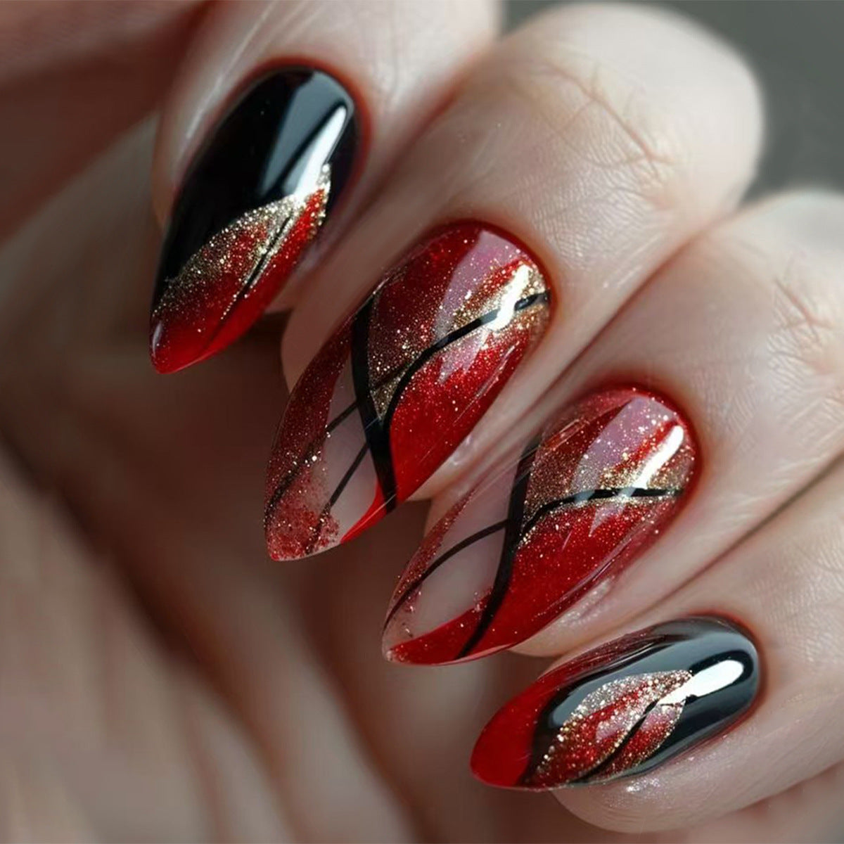 24pcs/Set Red Glitter Press-On Nails