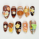 (Handmade) 10pcs/Set Cat & Plaid 3D Press-On Nails