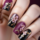 24pcs/Set Square Sakura Metallic Branches Short Press On Nails