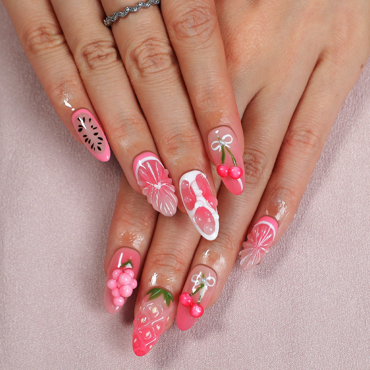 (Handmade) 10pcs/Set Dopamine Blush Cherry Strawberry Press-On Nails