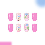 24pcs/Set Easter Pink Bunny with Color-Block Flowers Press-On Nails