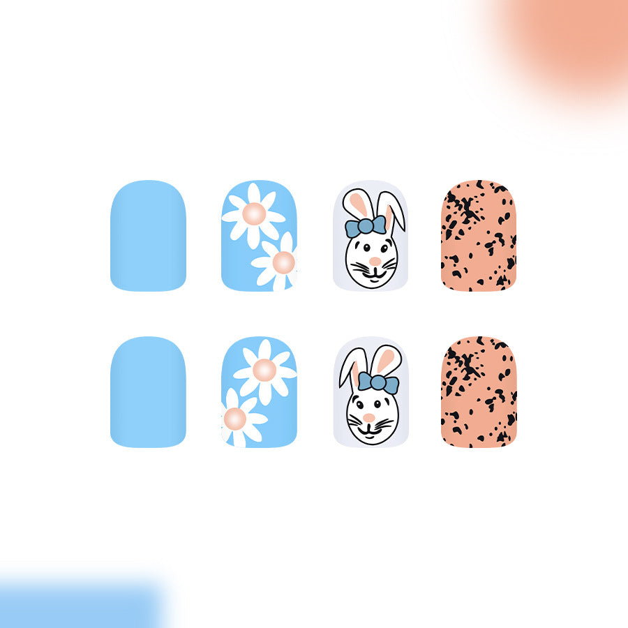 24pcs/Set Blue Cute Bunny & Flowers Press-On Nails