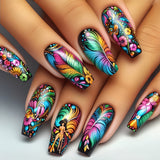 24pcs/Set Colorful Feather Flowers Press-On Nails