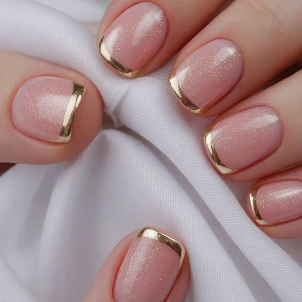 24pcs/Set French Fine Glitter Aurora Chrome Glitter Short Press On Nails