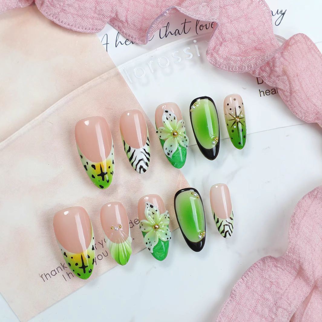 (Handmade) 10pcs/Set Zebra Print with 3D Florals Press-On Nails