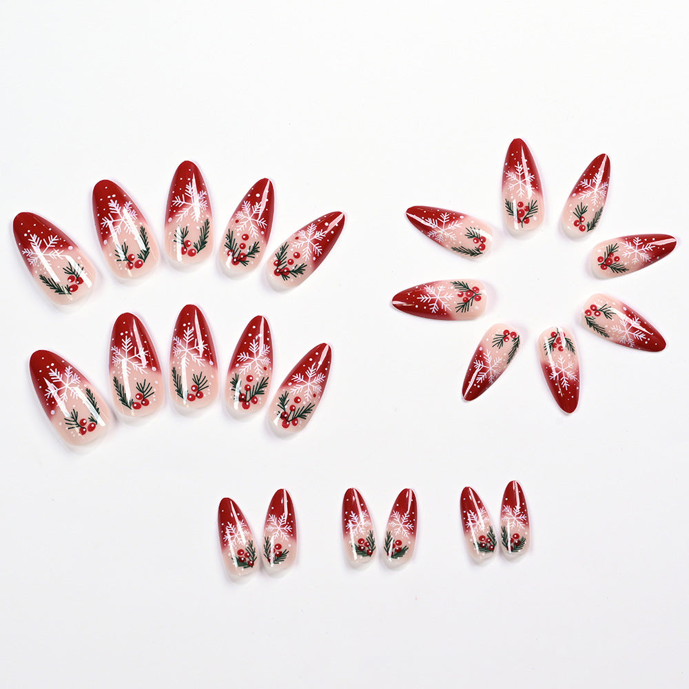 24pcs/Set Christmas Red Berry Snowflakes Press-On Nails