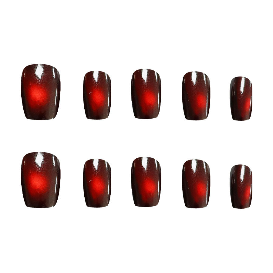24pcs/Set Dark Pigeon Blood Red Cat-Eye Short Press On Nails