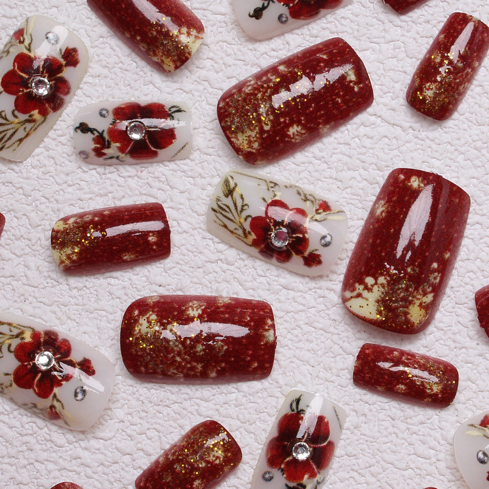 24pcs/Set Red Floral with Gold Foil Press-On Nails