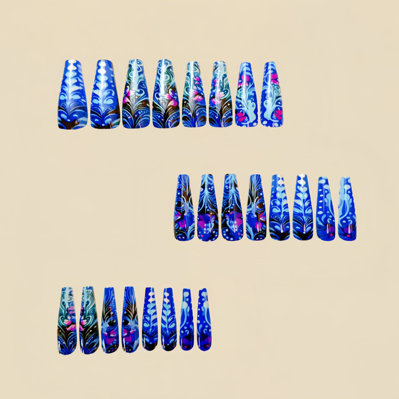 24pcs/Set Blue Plants and Flowers Press-On Nails