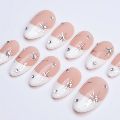 (Handmade) 10pcs/Set Shimmering Silver Stars Press on Nails