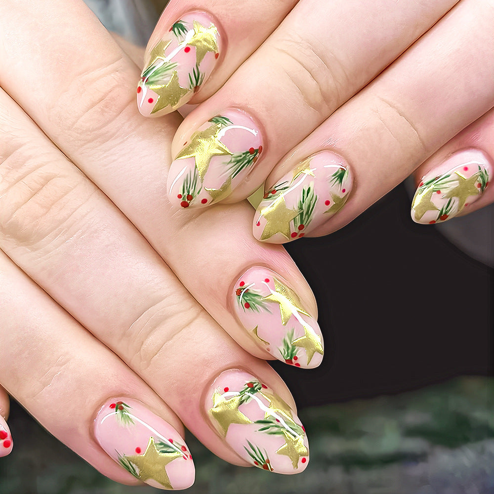 24pcs/Set Gilded Floral & Star Pattern Short Almond Press-On Nails