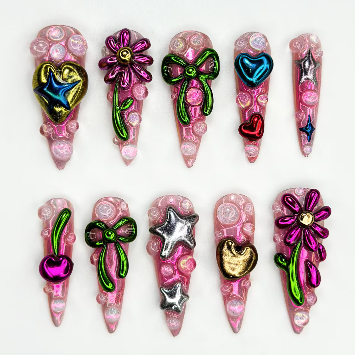 (Handmade) 10pcs/Set Y2K 3D Floral Heart Star Press On Nails