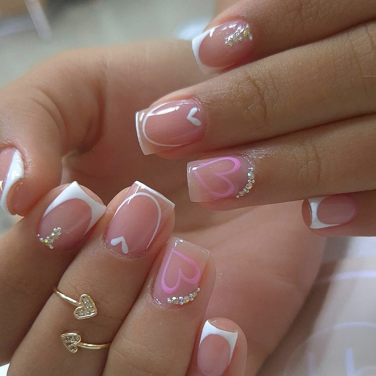 24pcs/Set Double French Pink Hearts Short Press On Nails