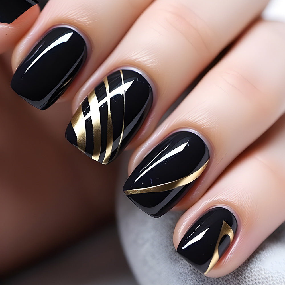 24pcs/Set Black and Gold Lines Press-On Nails