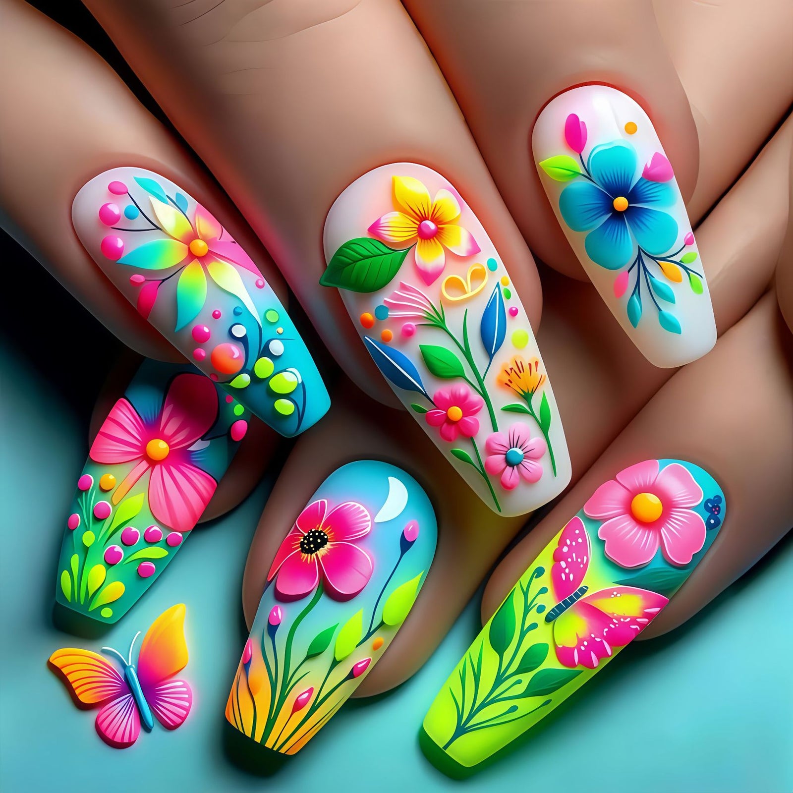 24pcs/Set Multicolored Gradient Botanical Flowers Press-On Nails