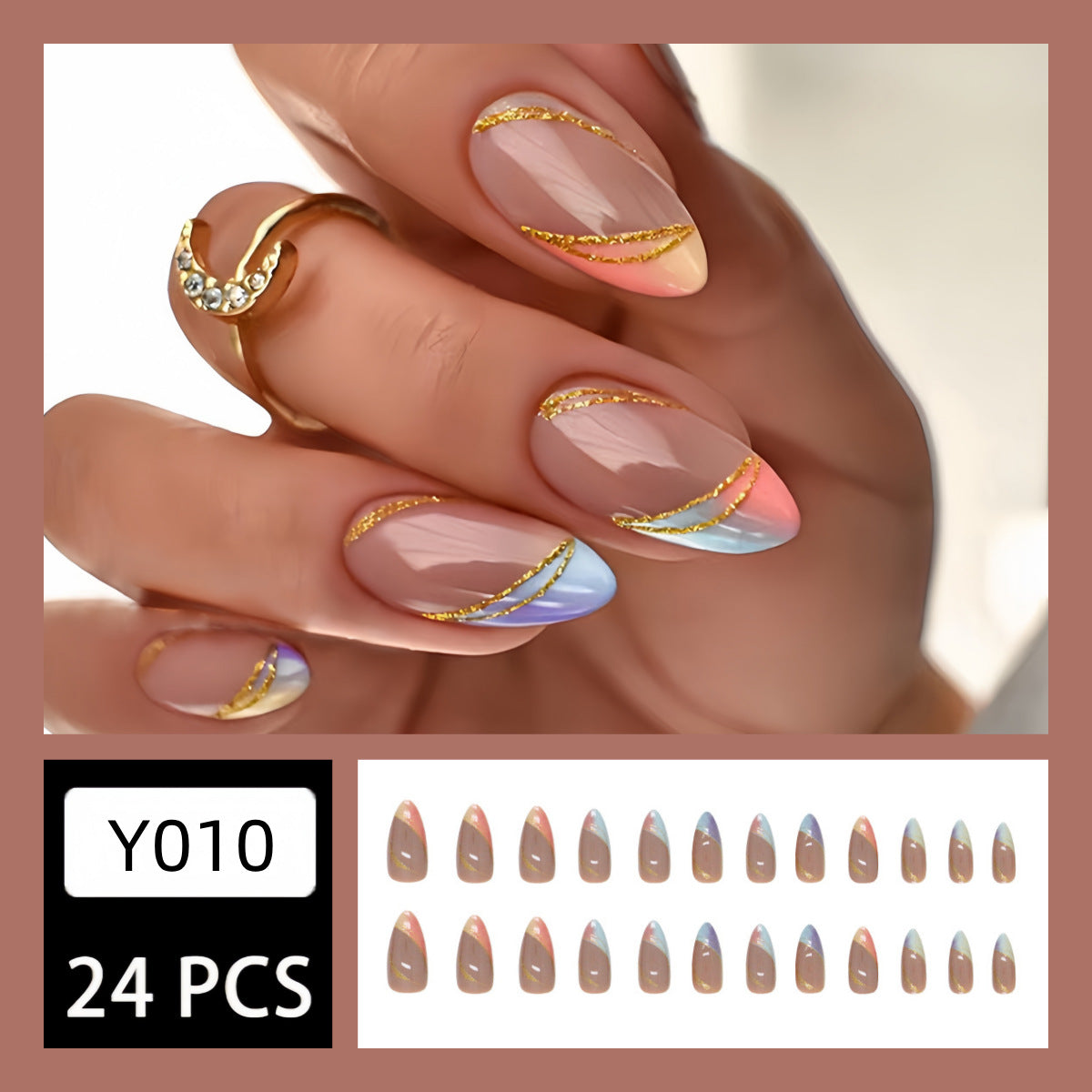 24pcs/Set Gold Glitter Lines Press-On Nails