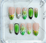 (Handmade) 10pcs/Set Zebra Print with 3D Florals Press-On Nails