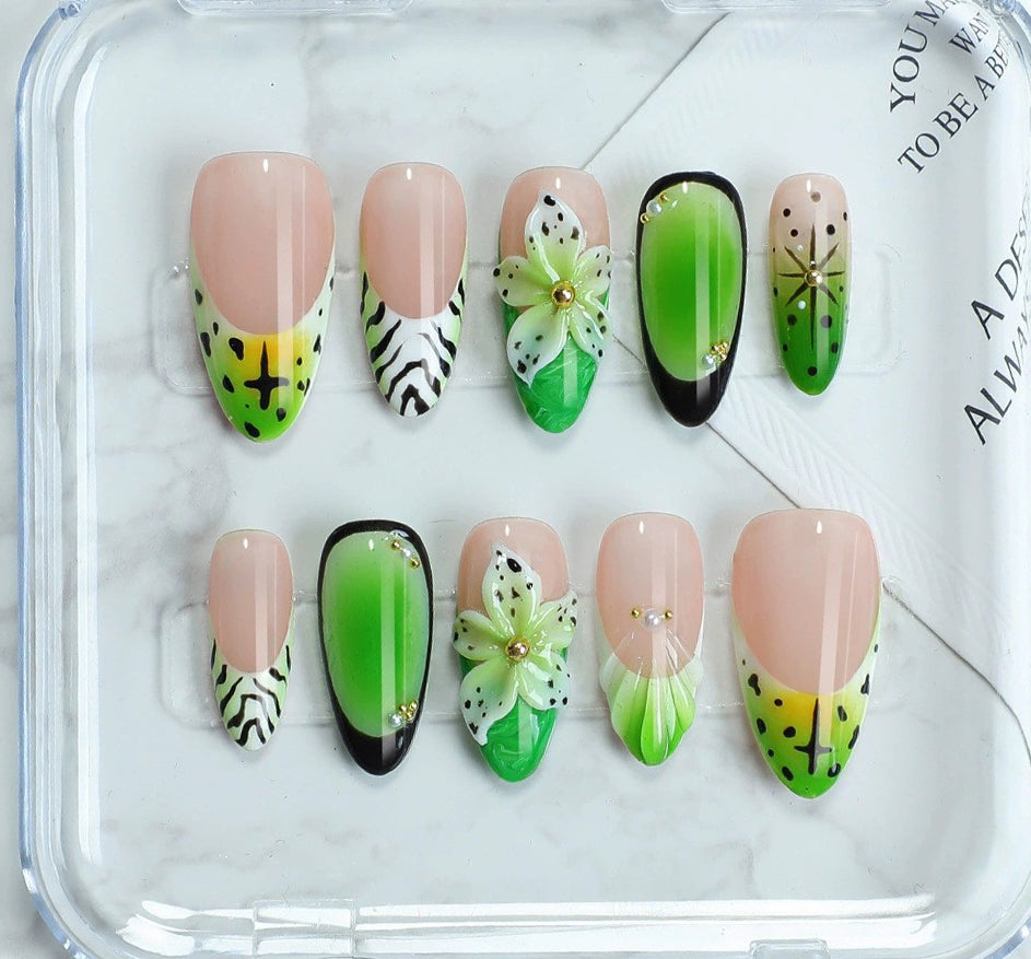 (Handmade) 10pcs/Set Zebra Print with 3D Florals Press-On Nails
