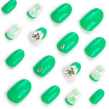 24pcs/Set  Green Glitter Heart Short Press-On Nails