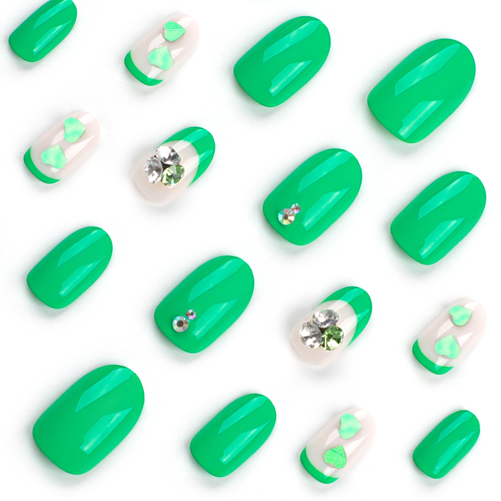 24pcs/Set  Green Glitter Heart Short Press-On Nails