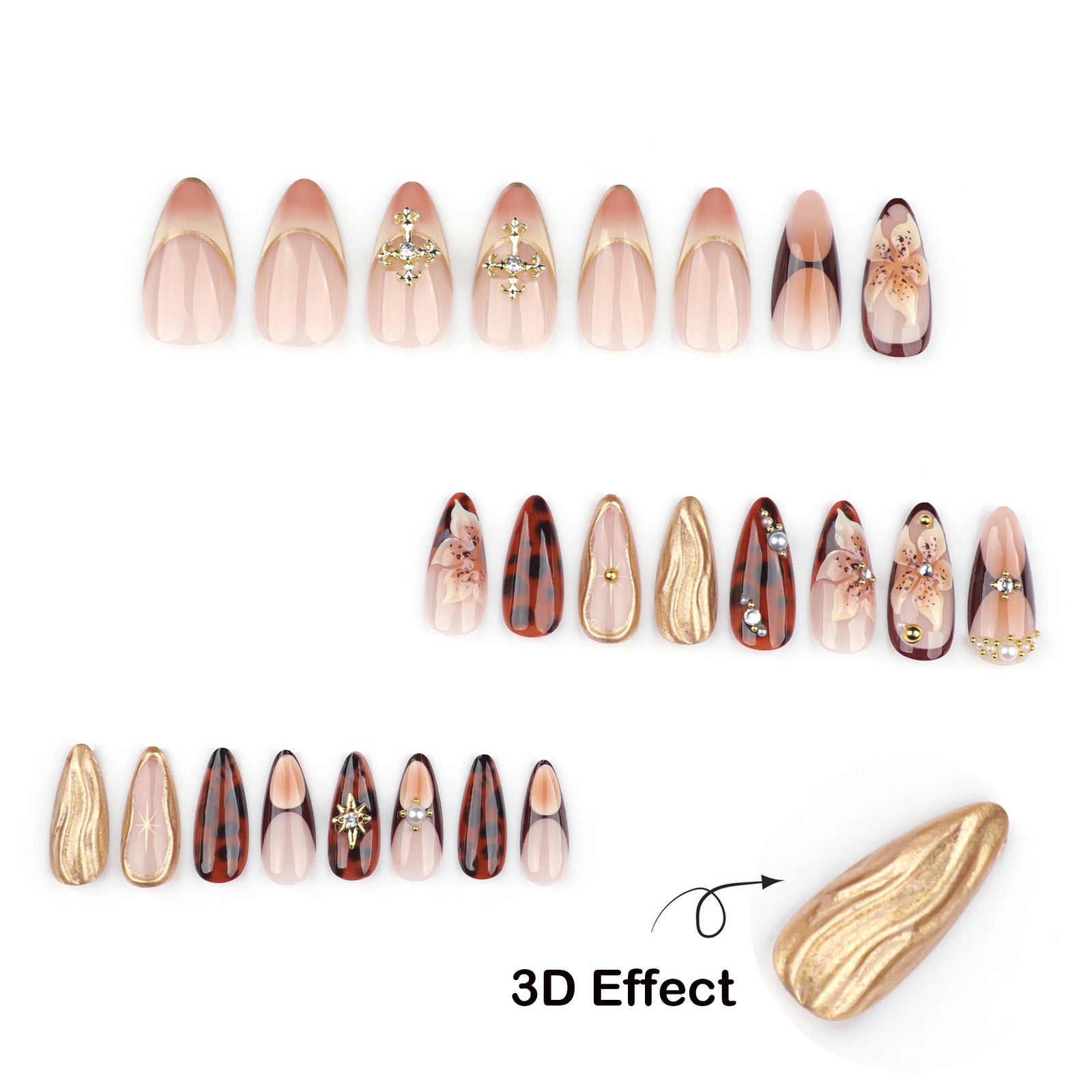 24pcs/Set Autumn Winter Gilded 3D Flowers Press-On Nails