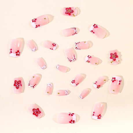 24pcs/Set White French Tips with 3D Flowers Press-On Nails