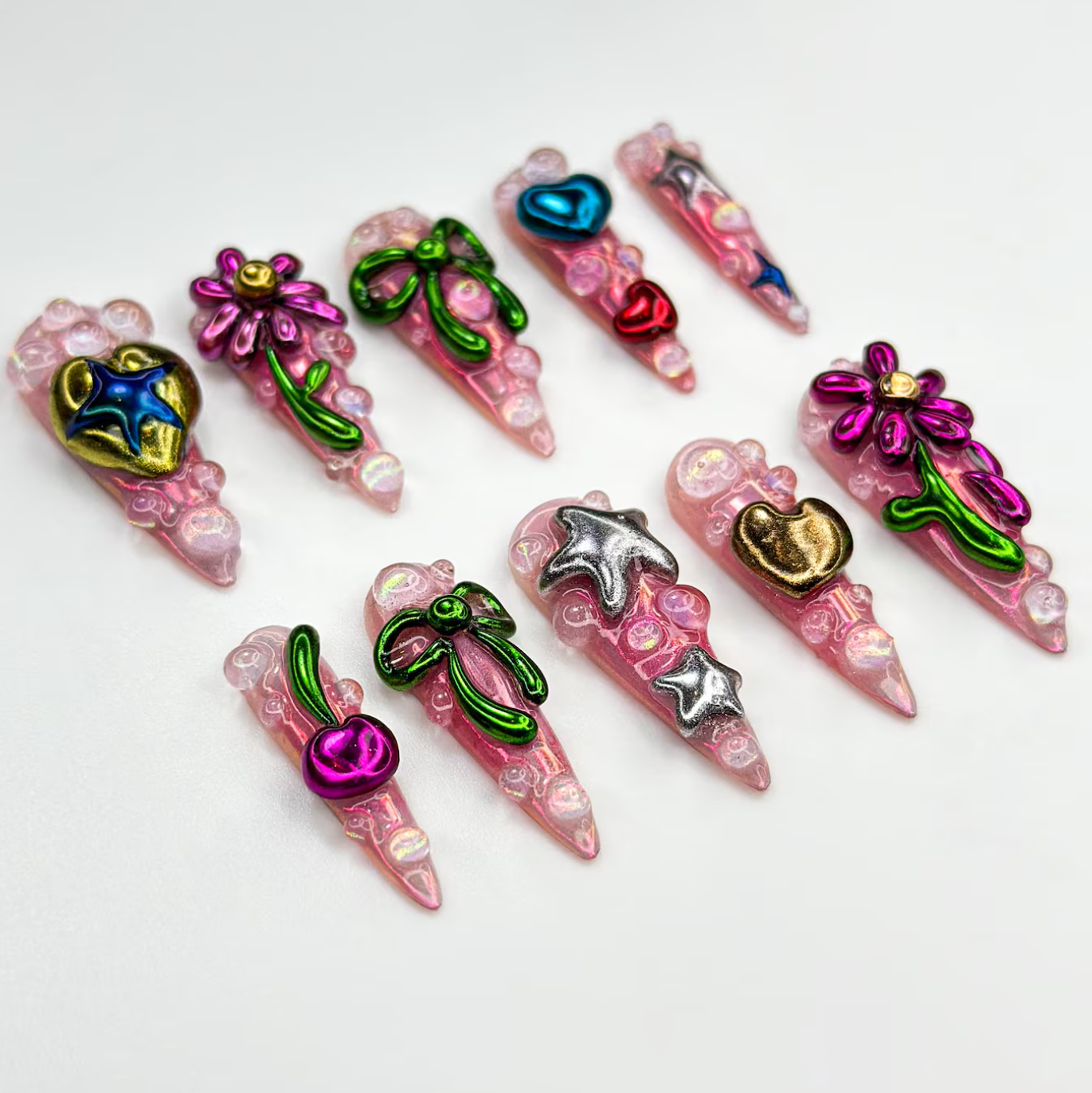 (Handmade) 10pcs/Set Y2K 3D Floral Heart Star Press On Nails