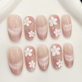 (Handmade) 10pcs/Set Cat-Eye Hand-Painted 3D Flower Press-On Nails